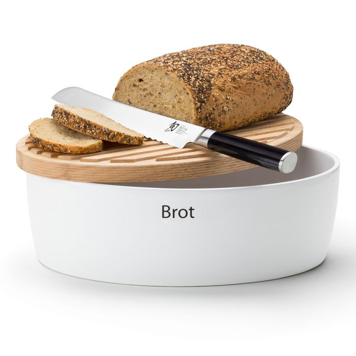 Continenta Panera 36x23x13,5 cm, Cerámica con Tapa de Madera para Almacenar, Cortar y Servir Pan, Artesanal con Adhesivos Intercambiables